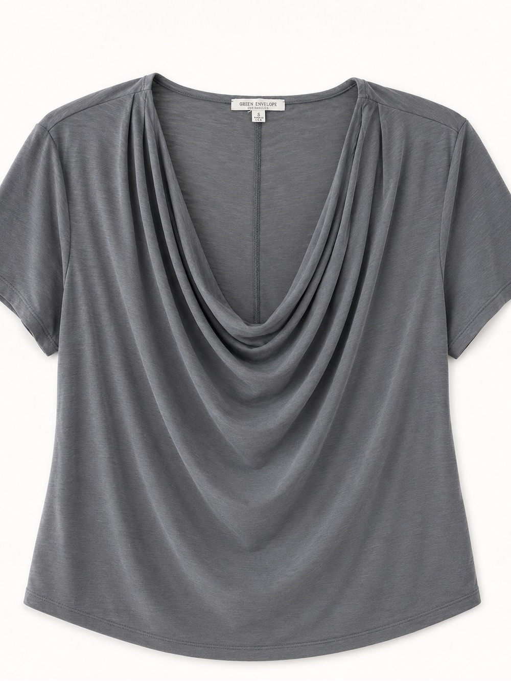 Green Envelope Draped V-Neck Short Sleeve Top - Charcoal Gray